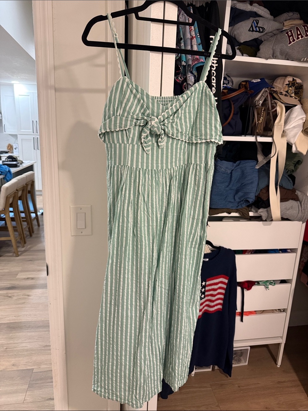 Old Navy Green and White Striped Tie-Front Dress